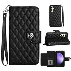 Custodia per cellulare in pelle con texture rombica per Samsung Galaxy S24+ 5G con cordino (nero)