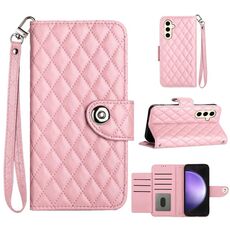 Custodia per cellulare in pelle con texture rombica per Samsung Galaxy S24+ 5G con cordino (rosa)