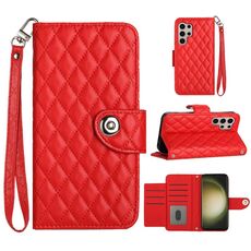 Custodia per cellulare in pelle con texture rombica per Samsung Galaxy S24 Ultra 5G con cordino (rosso)