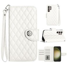 Custodia per cellulare in pelle con texture rombica per Samsung Galaxy S24 Ultra 5G con cordino (bianca)