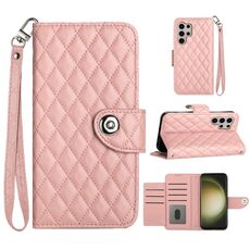Custodia per cellulare in pelle con texture rombica per Samsung Galaxy S24 Ultra 5G con cordino (rosa corallo)