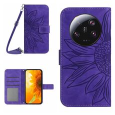 Per Xiaomi 14 Custodia per telefono in pelle Flip in rilievo Ultra Skin Feel Sun Flower con cordino (viola scuro)
