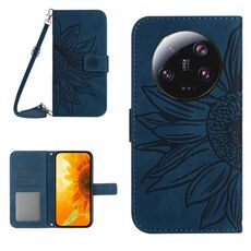 Per Xiaomi 14 Custodia per telefono in pelle Flip in rilievo Ultra Skin Feel Sun Flower con cordino (blu inchiostro)