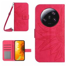 Per Xiaomi 14 Custodia per telefono in pelle Flip in rilievo Ultra Skin Feel Sun Flower con cordino (Rosa rossa)