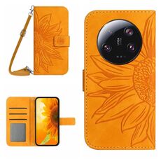 Per Xiaomi 14 Custodia per telefono in pelle Flip in rilievo Ultra Skin Feel Sun Flower con cordino (giallo)