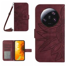 Per Xiaomi 14 Custodia per telefono in pelle Flip in rilievo Ultra Skin Feel Sun Flower con cordino (vino rosso)