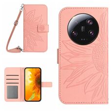 Per Xiaomi 14 Custodia per telefono in pelle Flip in rilievo Ultra Skin Feel Sun Flower con cordino (rosa)