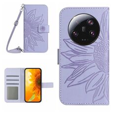 Per Xiaomi 14 Custodia per telefono in pelle Flip in rilievo Ultra Skin Feel Sun Flower con cordino (viola)