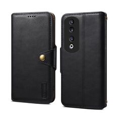 Custodia per telefono in pelle stile portafoglio con texture in pelle di vacchetta Denior per Honor 90 Pro (nera)