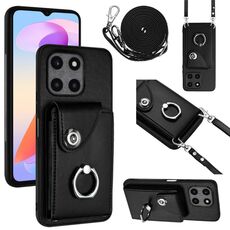 Custodia per telefono con supporto per anello per borsa per organo Honor X6a con cordino lungo (nero)