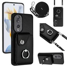 Custodia per telefono con supporto per anello per borsa per organo Honor 90 con cordino lungo (nero)