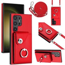 Per Samsung Galaxy S24 Ultra 5G Custodia per telefono con anello per porta tessere con cordino lungo (rosso)