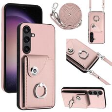 Per Samsung Galaxy S24+ 5G Custodia per cellulare con supporto ad anello per porta tessere con cordino lungo (rosa)