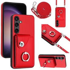 Per Samsung Galaxy S24+ 5G Custodia per cellulare con supporto ad anello per porta tessere con cordino lungo (rosso)