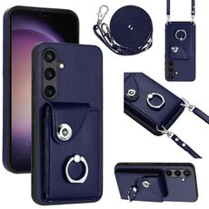 Per Samsung Galaxy S24 5G Custodia per telefono con supporto ad anello per porta tessere con cordino lungo (blu)