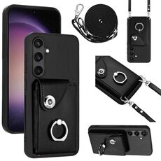 Per Samsung Galaxy S24 5G Custodia per telefono con anello per porta carte di organo con cordino lungo (nero)