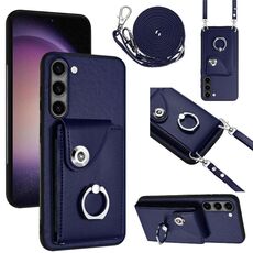 Per Samsung Galaxy S23+ 5G Custodia per telefono con supporto ad anello per porta carte d'organo con cordino lungo (blu)