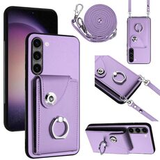 Per Samsung Galaxy S23+ 5G Custodia per telefono con supporto ad anello per porta carte d'organo con cordino lungo (viola)