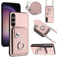 Per Samsung Galaxy S23+ 5G Custodia per cellulare con supporto ad anello per porta tessere con cordino lungo (rosa)