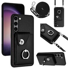 Per Samsung Galaxy S23 5G Custodia per cellulare con supporto per anello per carte d'organo con cordino lungo (nero)