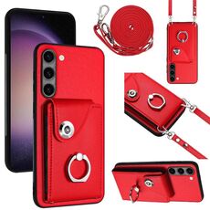 Per Samsung Galaxy S23 5G Custodia per telefono con supporto ad anello per porta tessere con cordino lungo (rosso)
