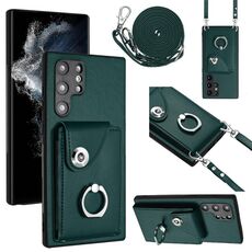 Per Samsung Galaxy S22 Ultra 5G Custodia per telefono con supporto ad anello per porta carte di organo con cordino lungo (verde)