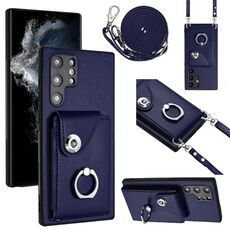 Per Samsung Galaxy S22 Ultra 5G Custodia per telefono con supporto ad anello per porta carte di organo con cordino lungo (blu)
