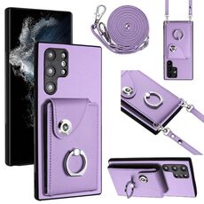 Per Samsung Galaxy S22 Ultra 5G Custodia per telefono con supporto ad anello per porta carte di organo con cordino lungo (viola)