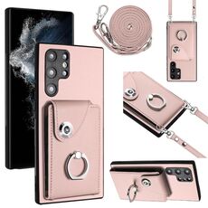 Per Samsung Galaxy S22 Ultra 5G Custodia per telefono con supporto ad anello per porta tessere con cordino lungo (rosa)