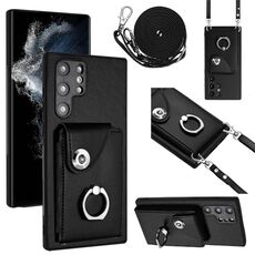 Per Samsung Galaxy S22 Ultra 5G Custodia per telefono con supporto ad anello per porta tessere con cordino lungo (nero)