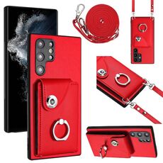 Per Samsung Galaxy S22 Ultra 5G Custodia per telefono con supporto ad anello per porta tessere con cordino lungo (Rosso)