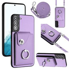 Per Samsung Galaxy S22 5G Custodia per telefono con supporto ad anello per borsa per carte d'organo con cordino lungo (viola)