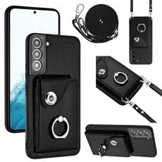 Per Samsung Galaxy S22 5G Custodia per cellulare con supporto per anello per carte d'organo con cordino lungo (nero)