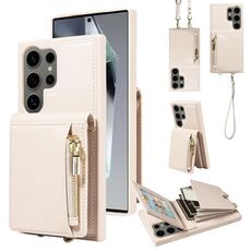 Per Samsung Galaxy S24 Ultra 5G Custodia per telefono in pelle con cordino e cerniera a tracolla (Beige)