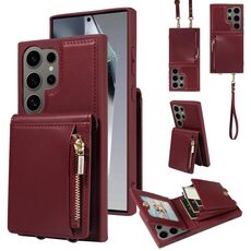 Custodia per telefono in pelle con cordino e cerniera per Samsung Galaxy S24 Ultra 5G (vino rosso)