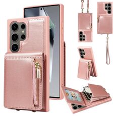 Per Samsung Galaxy S24 Ultra 5G Custodia per telefono in pelle con cordino e cerniera a tracolla (oro rosa)