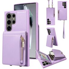 Per Samsung Galaxy S24 Ultra 5G Custodia per telefono in pelle con cordino e cerniera a tracolla (viola)