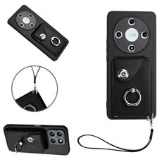 Per Honor X9b / Magic6 Lite Borsa per carte da organo Porta anelli Custodia per telefono in PU con cordino (Nero)