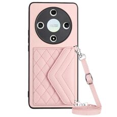 Custodia per telefono RFID con texture rombica per Honor X9b / Magic6 Lite con cordino lungo (oro rosa)