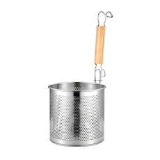 Cestello per friggere per perdite di olio in polvere per filtraggio della cucina con manico in legno in acciaio inossidabile per uso domestico, modello: manico rotondo da 16 cm