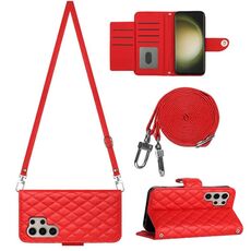 Custodia per cellulare in pelle con texture rombica per Samsung Galaxy S24 Ultra 5G con cordino lungo (rosso)
