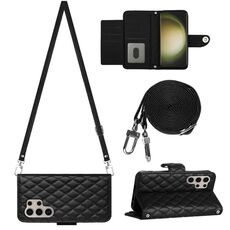 Custodia per cellulare in pelle con texture rombica per Samsung Galaxy S24 Ultra 5G con cordino lungo (nero)