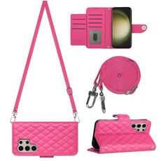 Custodia per cellulare in pelle con texture rombica per Samsung Galaxy S24 Ultra 5G con cordino lungo (rosa rosso)