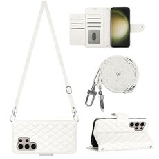 Custodia per cellulare in pelle con texture rombica per Samsung Galaxy S24 Ultra 5G con cordino lungo (bianco)