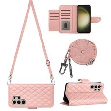 Custodia per cellulare in pelle con texture rombica per Samsung Galaxy S24 Ultra 5G con cordino lungo (rosa corallo)