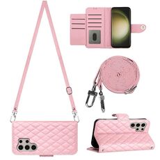 Custodia per cellulare in pelle con texture rombica per Samsung Galaxy S24 Ultra 5G con cordino lungo (rosa)