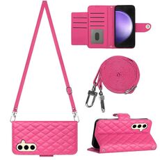 Custodia per cellulare in pelle con texture rombica per Samsung Galaxy S24+ 5G con cordino lungo (rosa rosso)