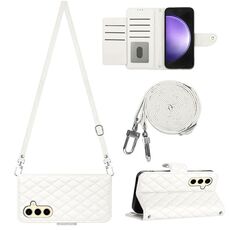 Per Samsung Galaxy S24+ 5G Custodia per telefono in pelle con texture rombica con cordino lungo (Bianco)