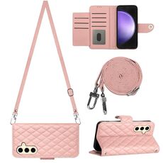 Custodia per cellulare in pelle con texture rombica per Samsung Galaxy S24+ 5G con cordino lungo (rosa corallo)