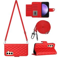 Custodia per cellulare in pelle con texture rombica per Samsung Galaxy S24 5G con cordino lungo (rosso)